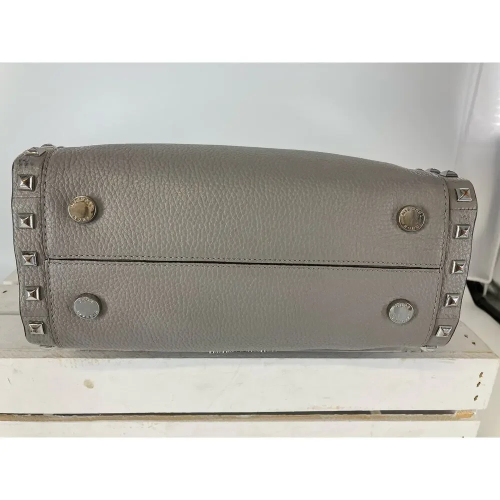 MICHAEL KORS LARGE GRAY PEBBLED LEATHER STUDED SHOULDER BAG